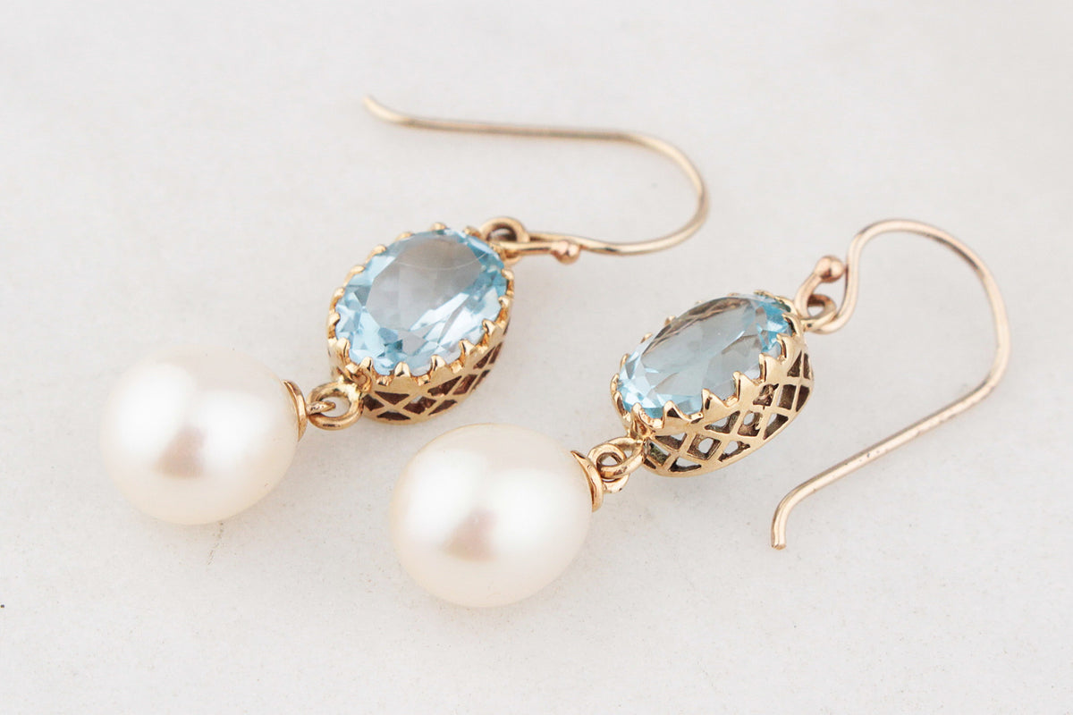 VINTAGE TOPAZ AND PEARL EARRINGS 9ct GOLD