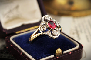 VINTAGE c1940 NATURAL RED SPINEL & DIAMOND RING 18ct YELLOW & WHITE GOLD