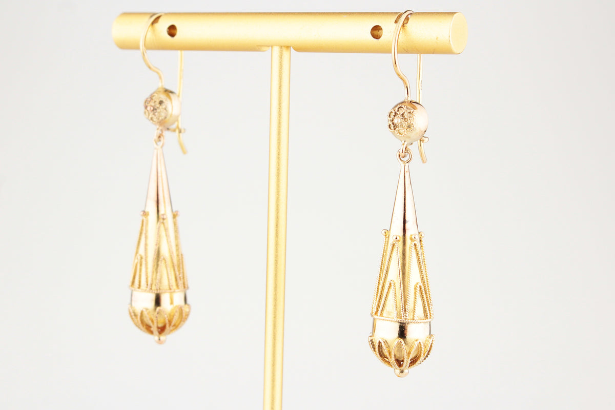 ANTIQUE VICTORIAN c1880 ETRUSCAN REVIVAL DROP EARRINGS 9ct GOLD