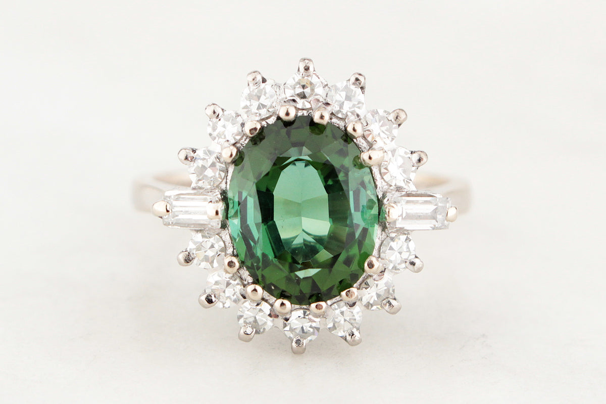 VINTAGE c1930 GREEN TOURMALINE &amp; DIAMOND RING 18ct WHITE GOLD