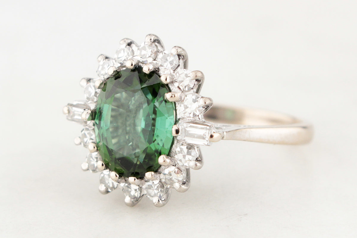 VINTAGE c1930 GREEN TOURMALINE &amp; DIAMOND RING 18ct WHITE GOLD
