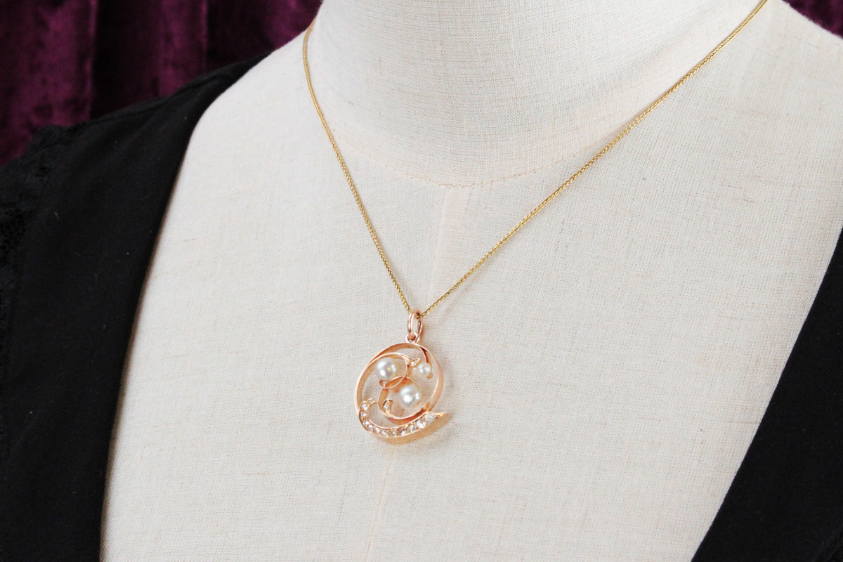 ANTIQUE ART NOUVEAU DIAMOND &amp; PEARL PENDANT 10ct ROSE GOLD