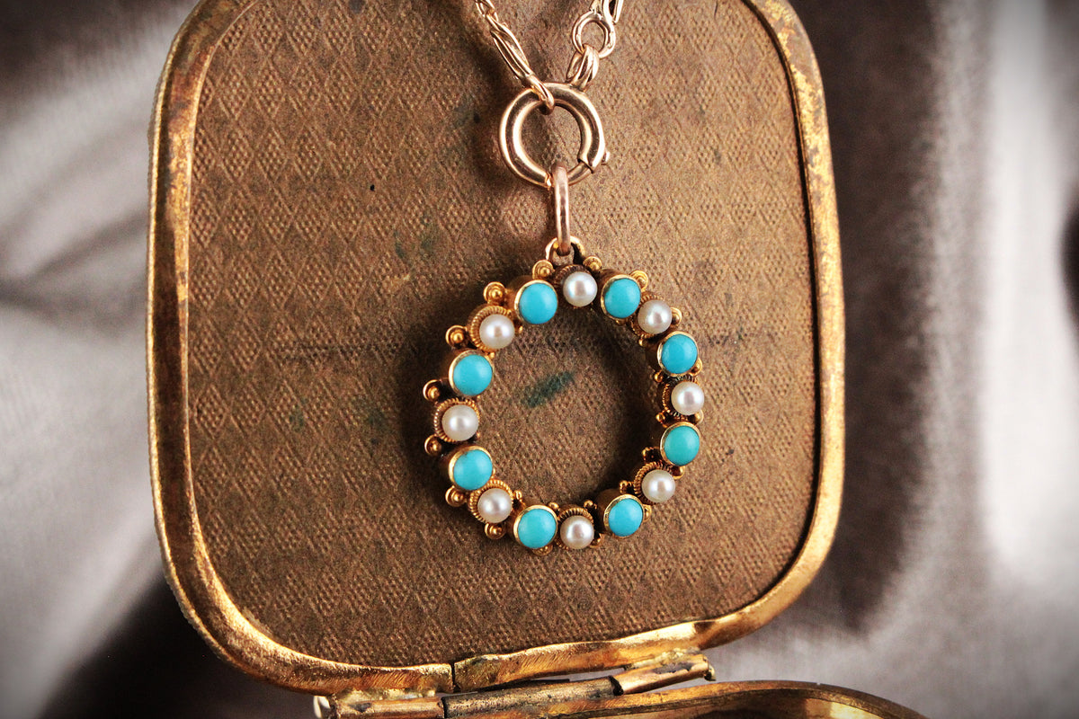 ANTIQUE VICTORIAN TURQUOISE & PEARL PENDANT 18ct GOLD