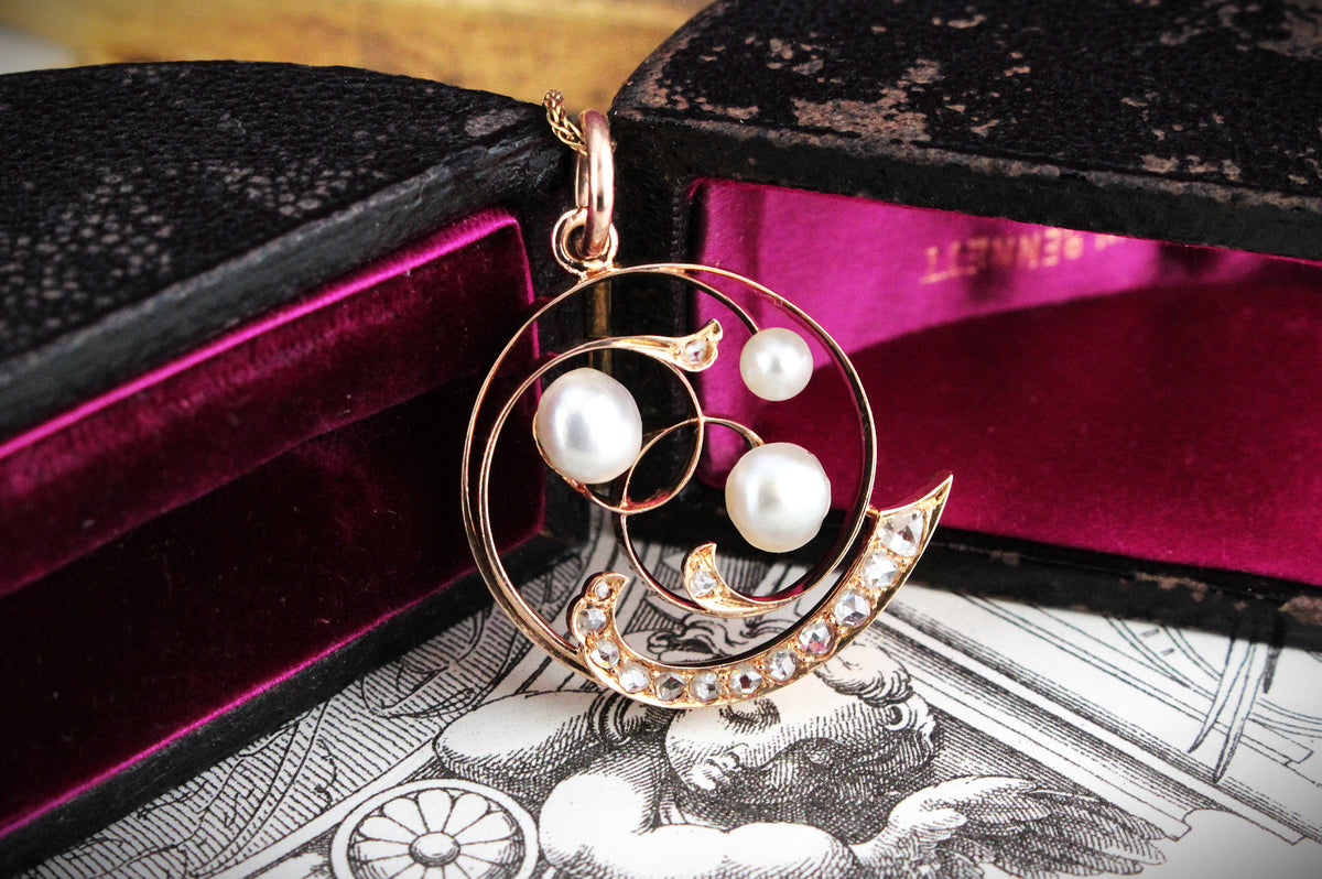 ANTIQUE ART NOUVEAU DIAMOND &amp; PEARL PENDANT 10ct ROSE GOLD