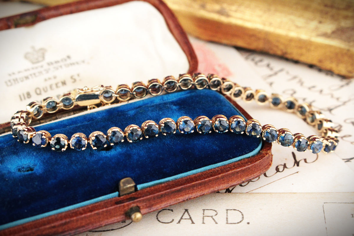 VINTAGE ESTATE 7.25ct SAPPHIRE LINE BRACELET 14ct GOLD