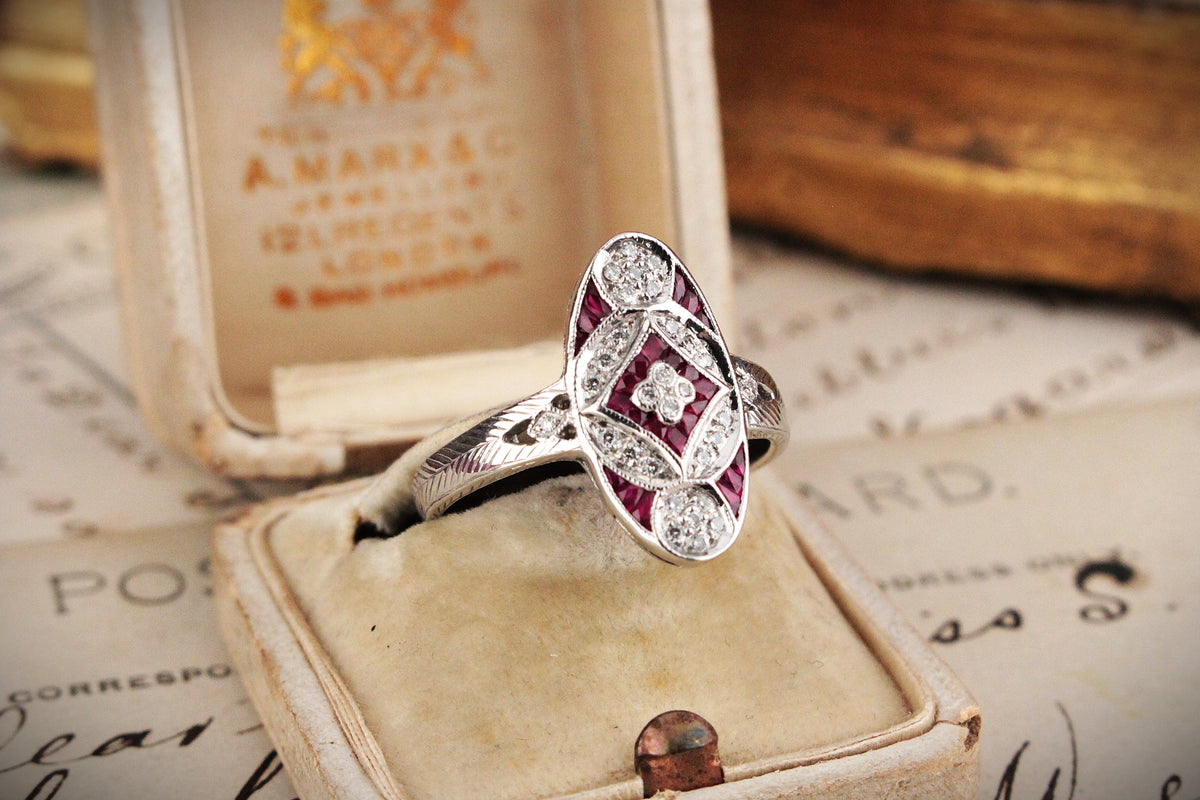 LATE ART DECO c1940 DIAMOND &amp; RUBY RING 18CT WHITE GOLD