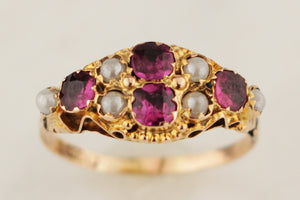 ANTIQUE VICTORIAN c1860 GARNET & SEED PEARL RING 9ct YELLOW GOLD