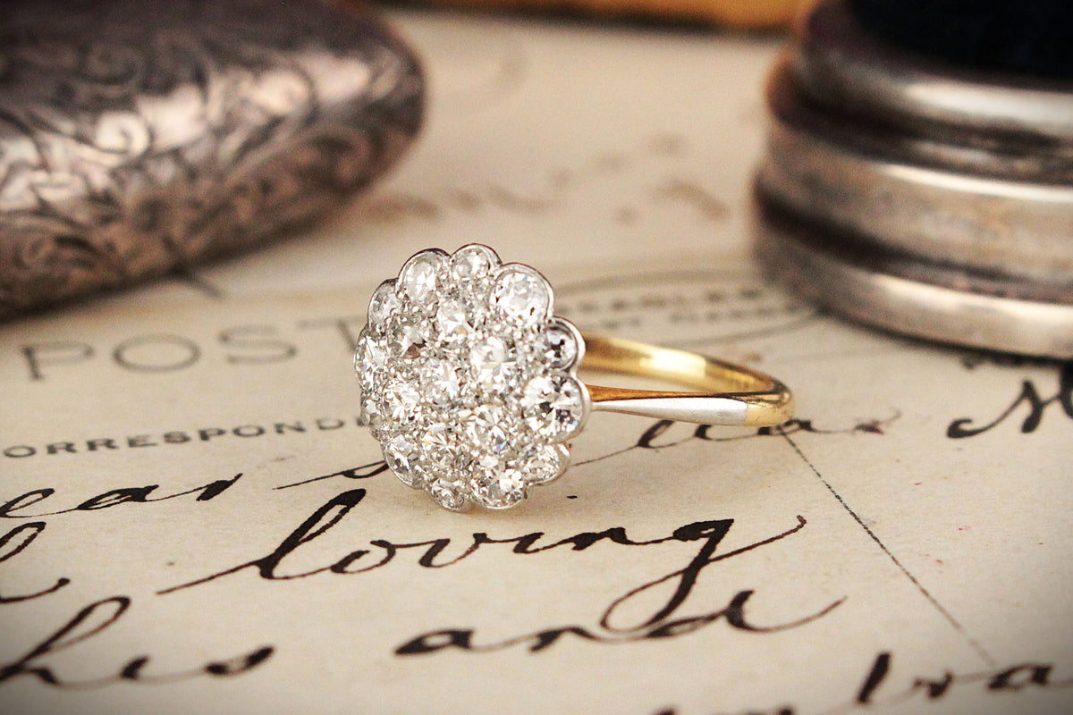 ANTIQUE c1920 1ct DIAMOND CLUSTER RING 18ct GOLD &amp; PLATINUM