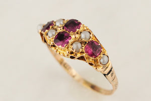 ANTIQUE VICTORIAN c1860 GARNET & SEED PEARL RING 9ct YELLOW GOLD