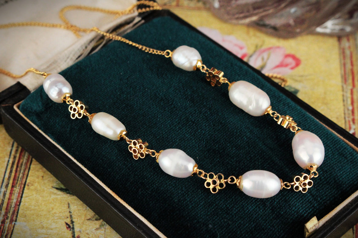 VINTAGE BAROQUE PEARL NECKLACE 14ct GOLD