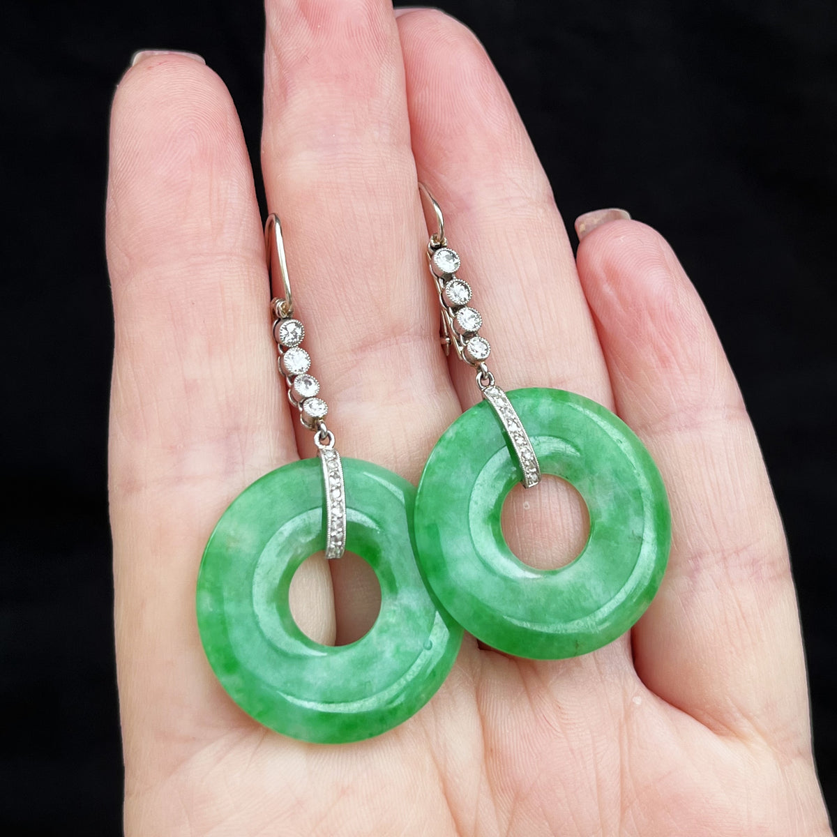 ANTIQUE ART DECO JADE &amp; DIAMOND EARRINGS 9ct GOLD