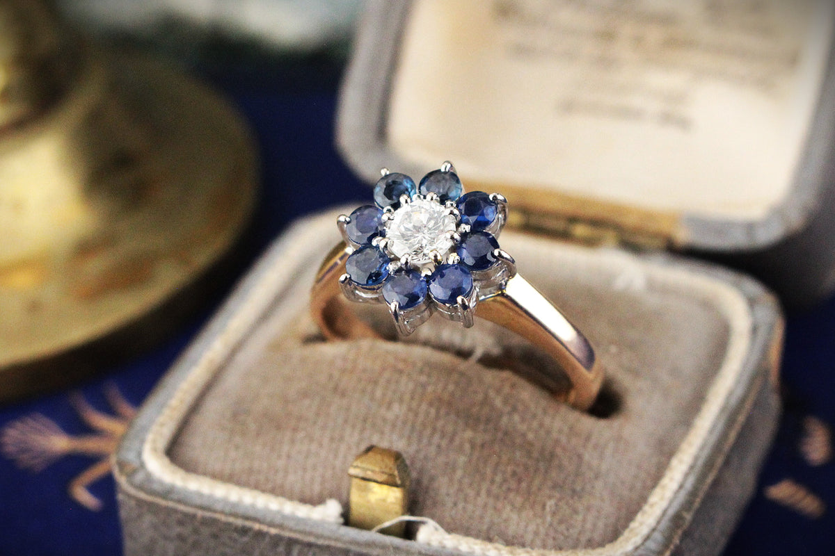 VINTAGE c1940 CEYLON SAPPHIRE &amp; DIAMOND FLORAL CLUSTER RING 14ct GOLD