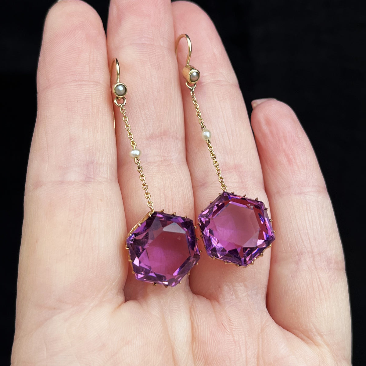 ANTIQUE VICTORIAN AMETHYST &amp; SEED PEARL EARRINGS 9ct GOLD