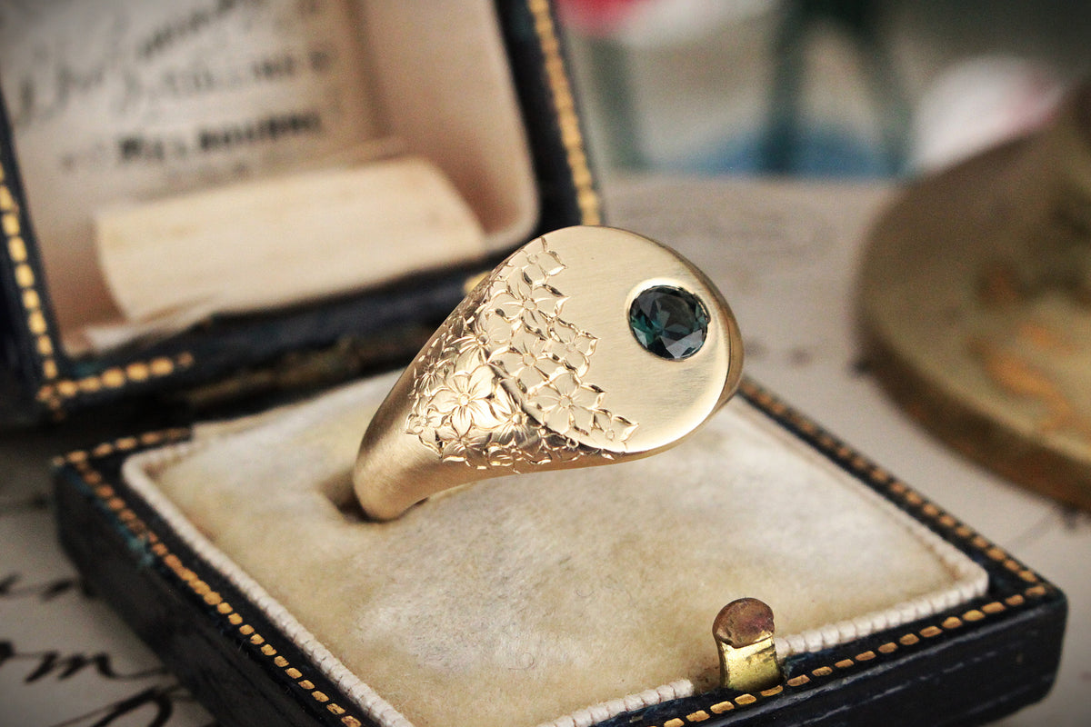 BESPOKE TEAL SAPPHIRE ETCHED SIGNET RING 9CT GOLD