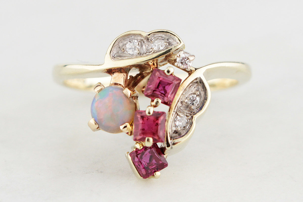 VINTAGE ESTATE RUBY, DIAMOND & OPAL RING 14ct GOLD