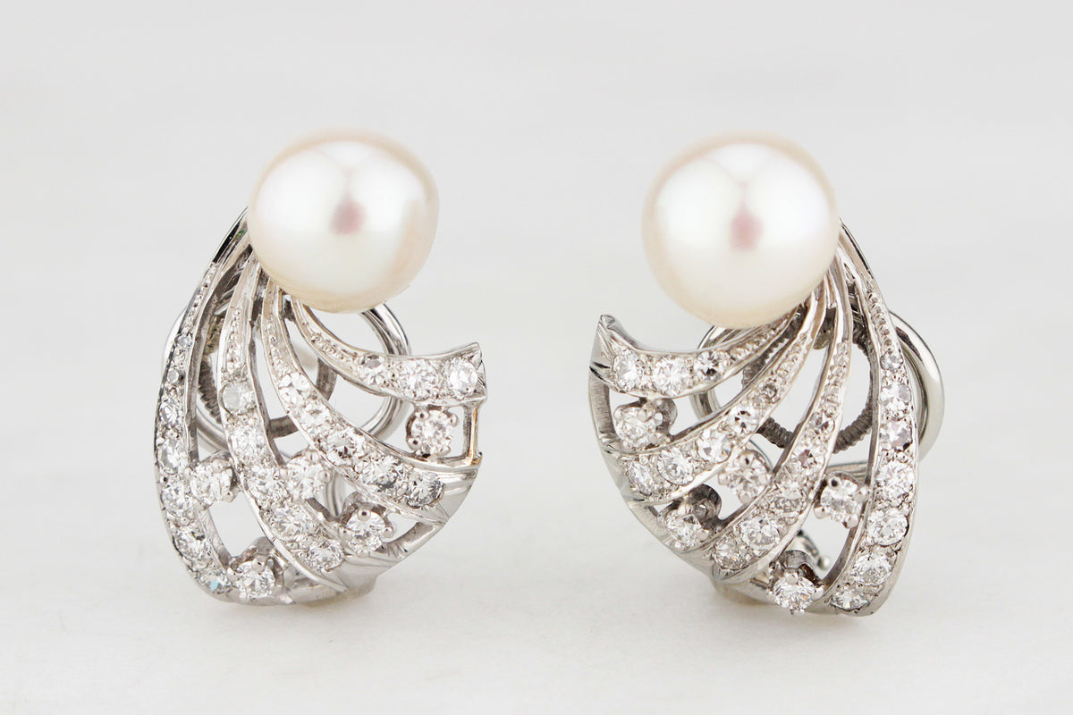 VINTAGE 1940s PEARL &amp; 1.14ct DIAMOND EARRINGS 14ct GOLD