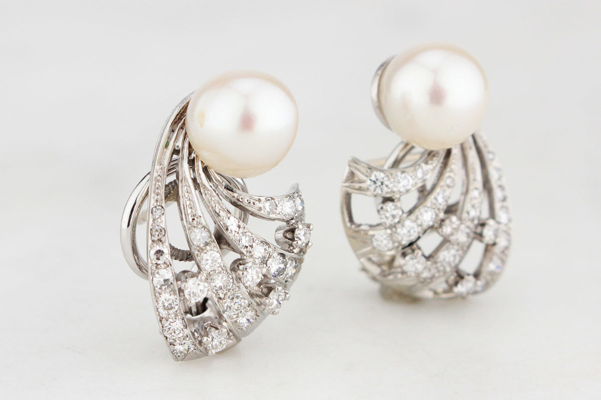 VINTAGE 1940s PEARL &amp; 1.14ct DIAMOND EARRINGS 14ct GOLD