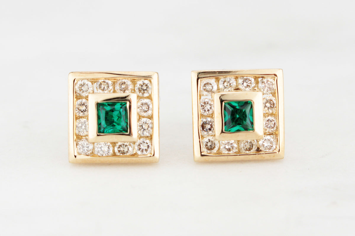 CONTEMPORARY EMERALD &amp; DIAMOND EARRINGS 9ct GOLD