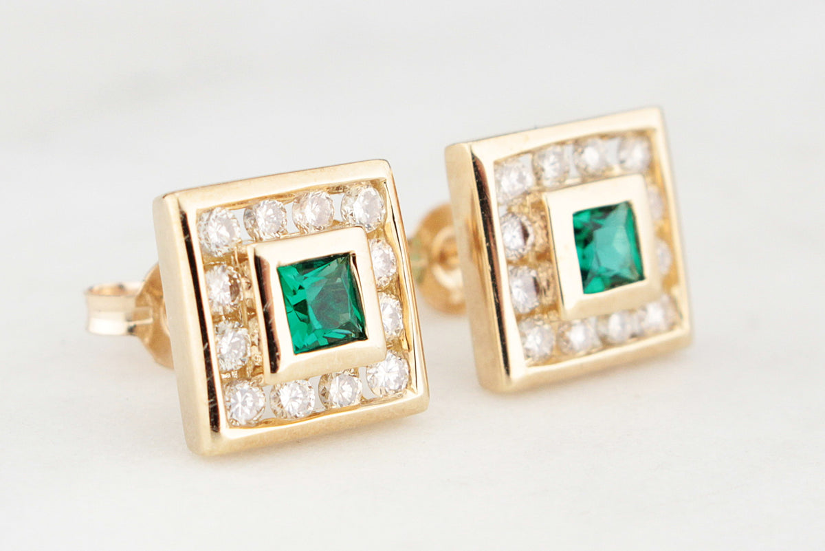 CONTEMPORARY EMERALD &amp; DIAMOND EARRINGS 9ct GOLD