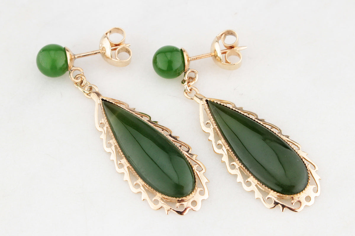 VINTAGE NEPHRITE JADE EARRINGS 14ct GOLD