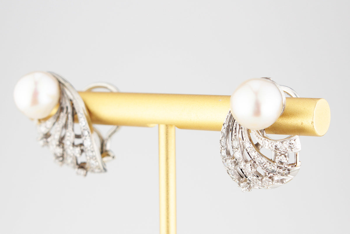 VINTAGE 1940s PEARL &amp; 1.14ct DIAMOND EARRINGS 14ct GOLD