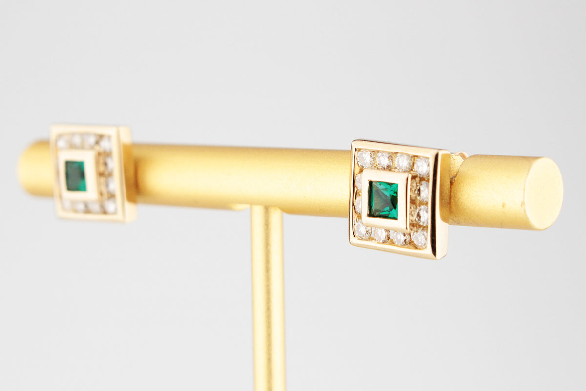CONTEMPORARY EMERALD &amp; DIAMOND EARRINGS 9ct GOLD