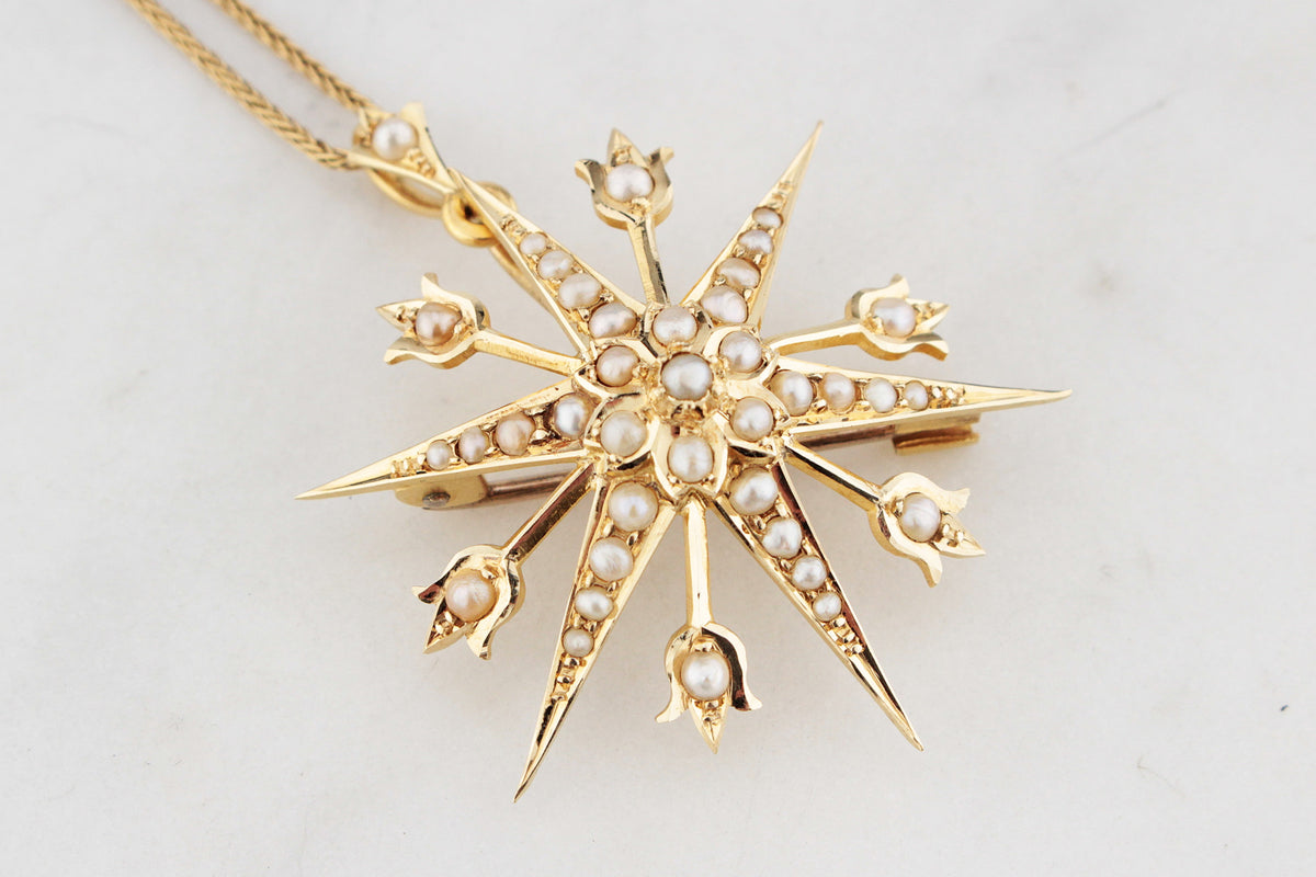 ANTIQUE AUSTRALIAN SEED PEARL STARBURST PENDANT/BROOCH 15ct GOLD