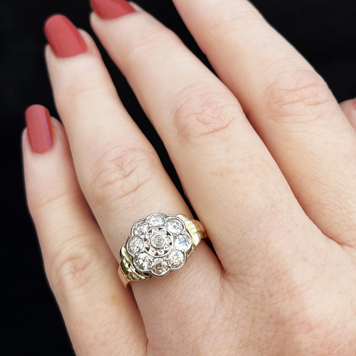 ANTIQUE 1.25ct DAIMOND DAISY CLUSTER RING 14ct GOLD &amp; PLATINUM