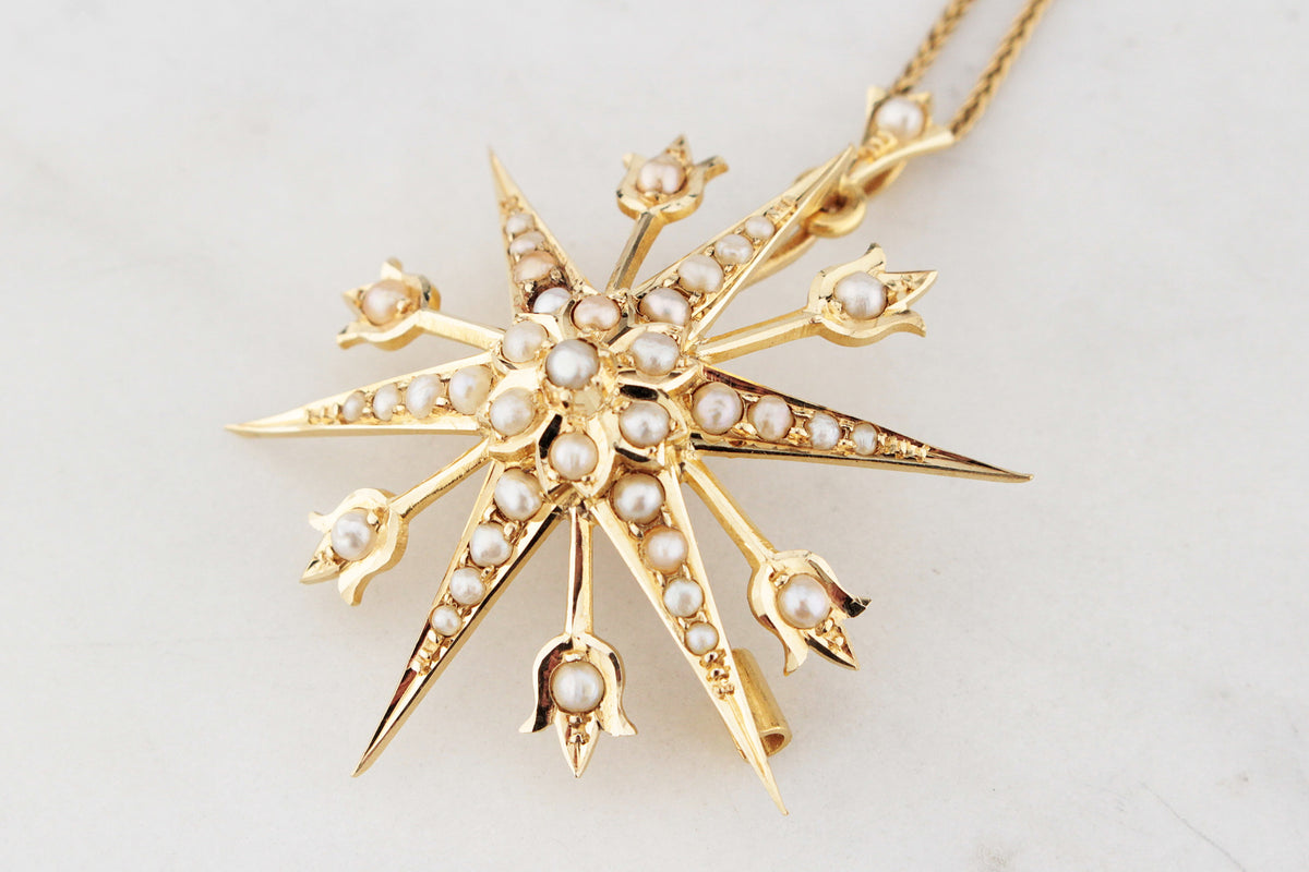 ANTIQUE AUSTRALIAN SEED PEARL STARBURST PENDANT/BROOCH 15ct GOLD