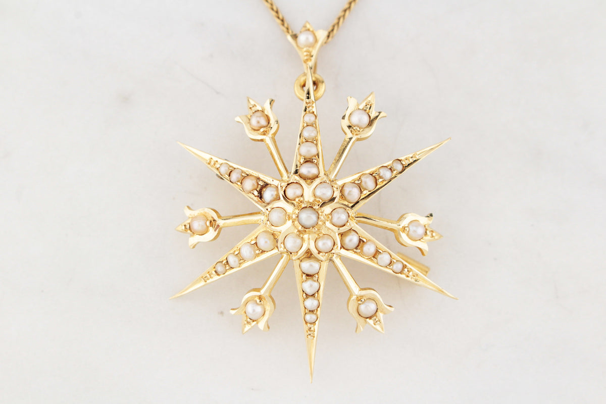 ANTIQUE AUSTRALIAN SEED PEARL STARBURST PENDANT/BROOCH 15ct GOLD