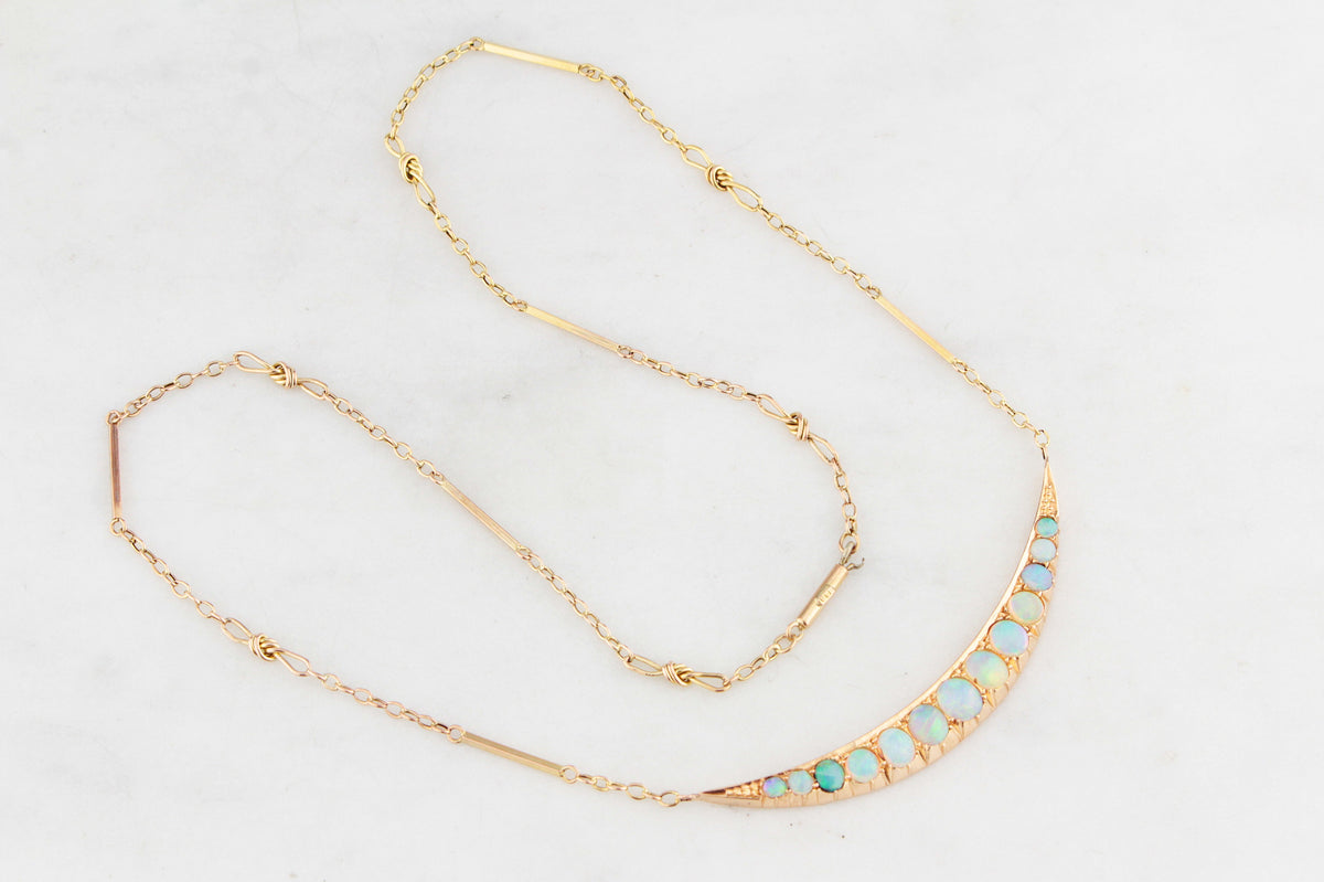 ANTIQUE EDWARDIAN OPAL CRESCENT MOON NECKLACE 15ct GOLD
