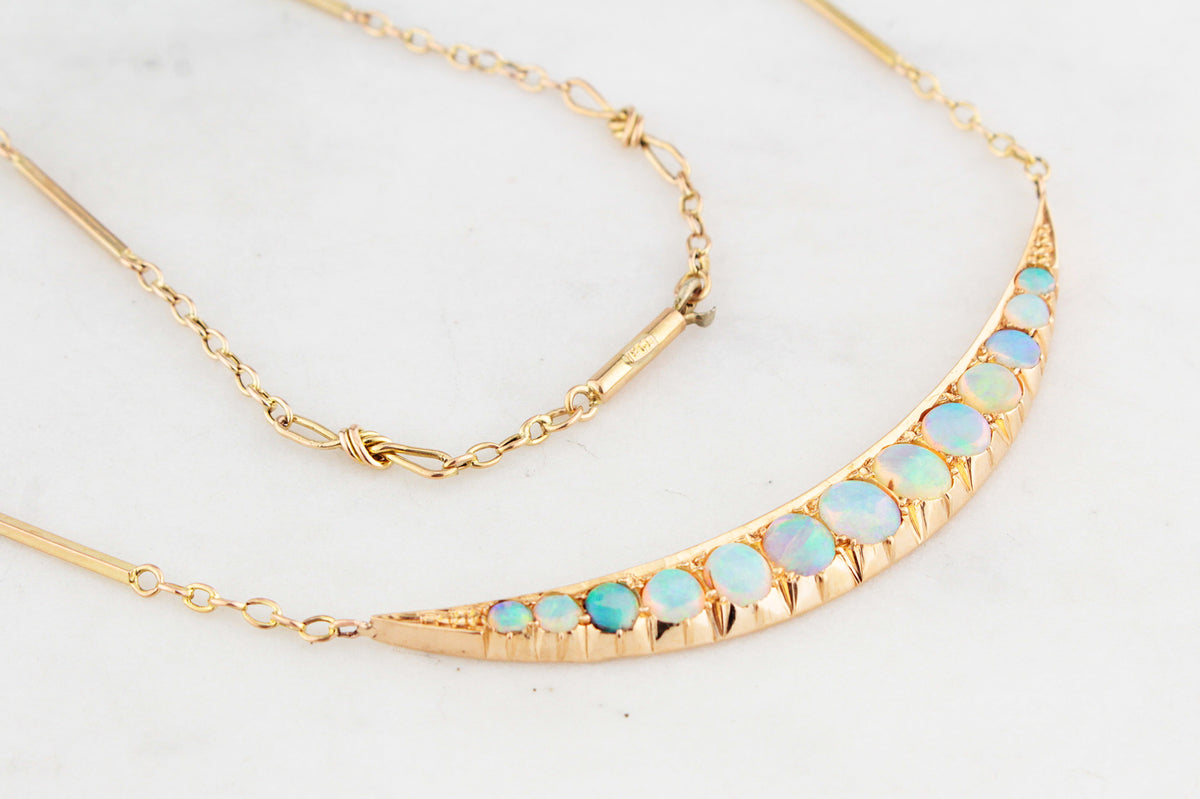 ANTIQUE EDWARDIAN OPAL CRESCENT MOON NECKLACE 15ct GOLD
