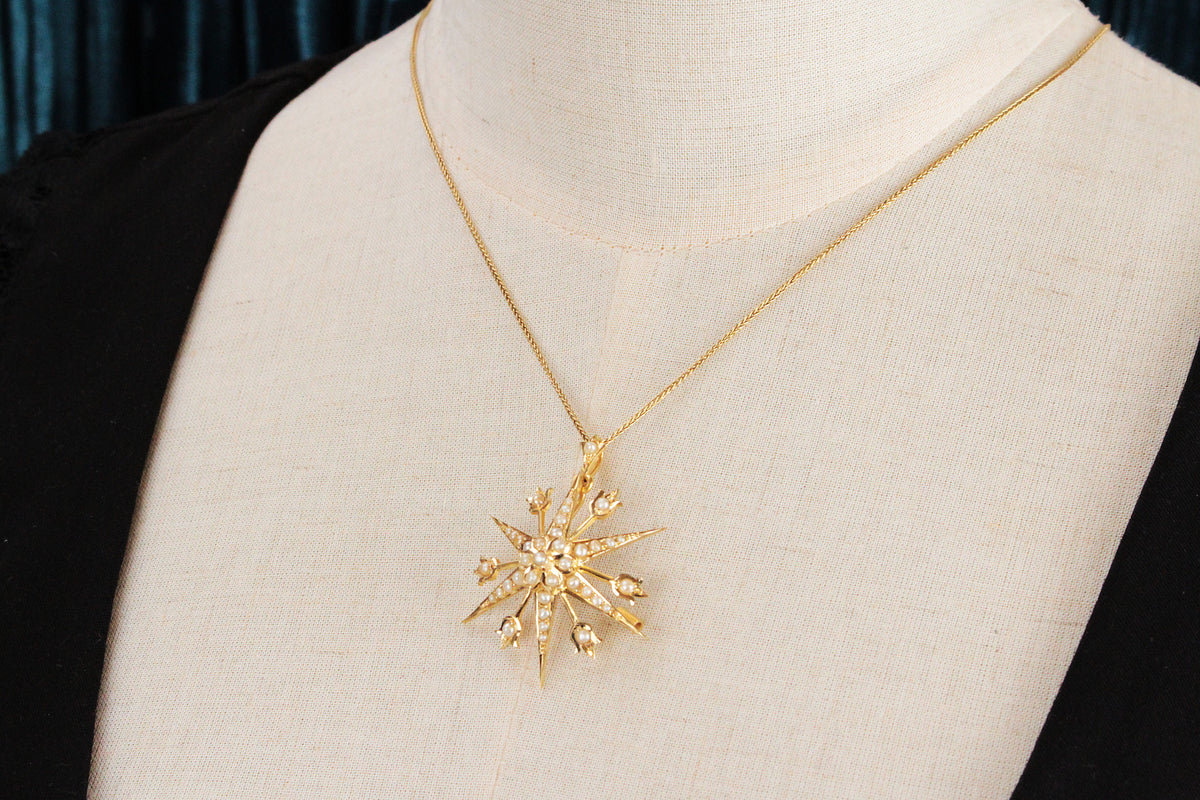 ANTIQUE AUSTRALIAN SEED PEARL STARBURST PENDANT/BROOCH 15ct GOLD
