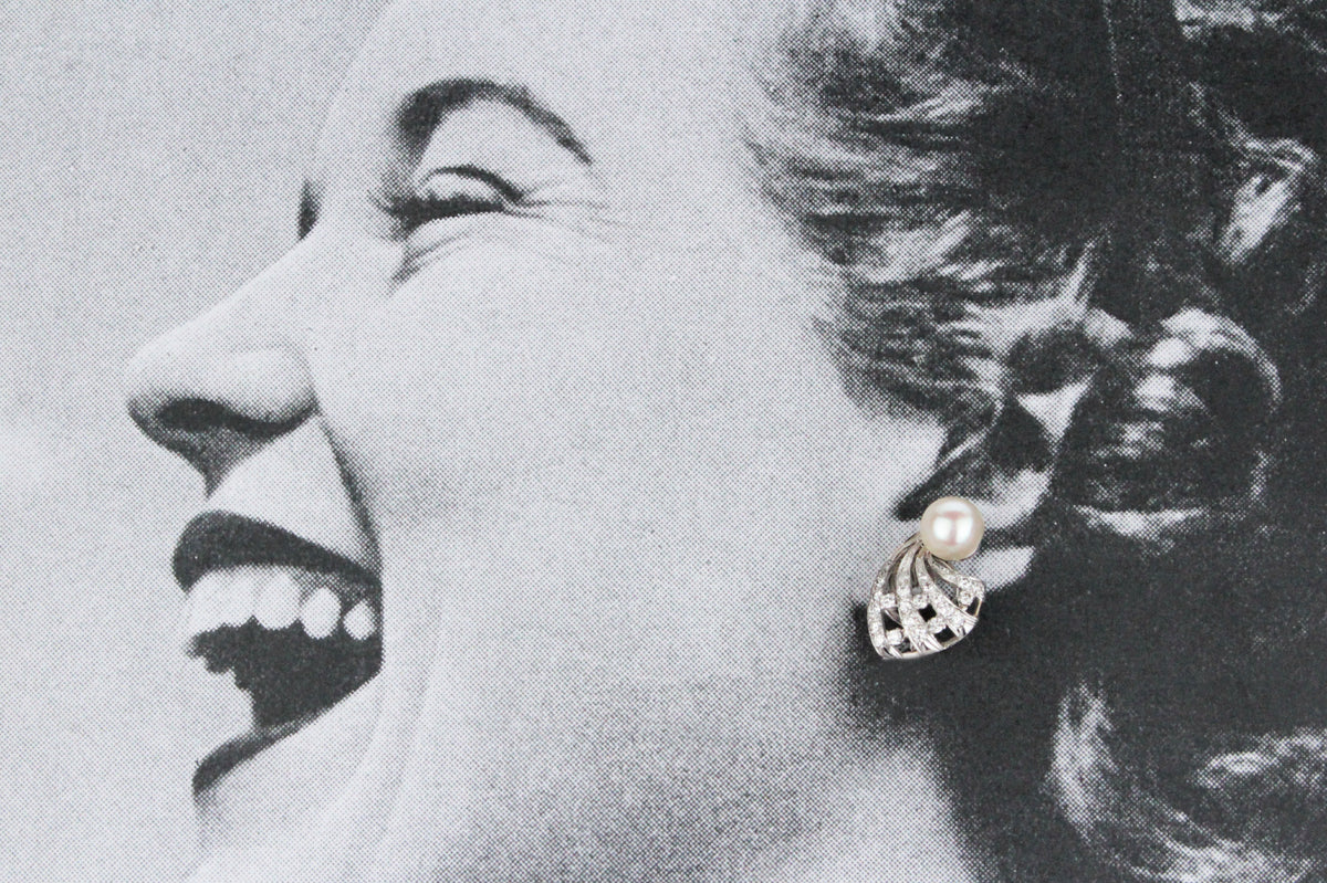 VINTAGE 1940s PEARL &amp; 1.14ct DIAMOND EARRINGS 14ct GOLD