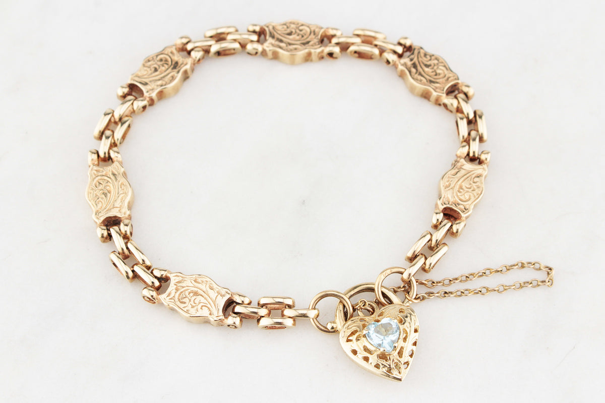 ANTIQUE EDWARDIAN ETCHED LINK BRACELET WITH FILIGREE TOPAZ HEART 9ct GOLD