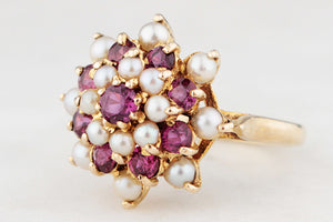 MID-CENTURY RUBY & PEARL RING 9CT GOLD