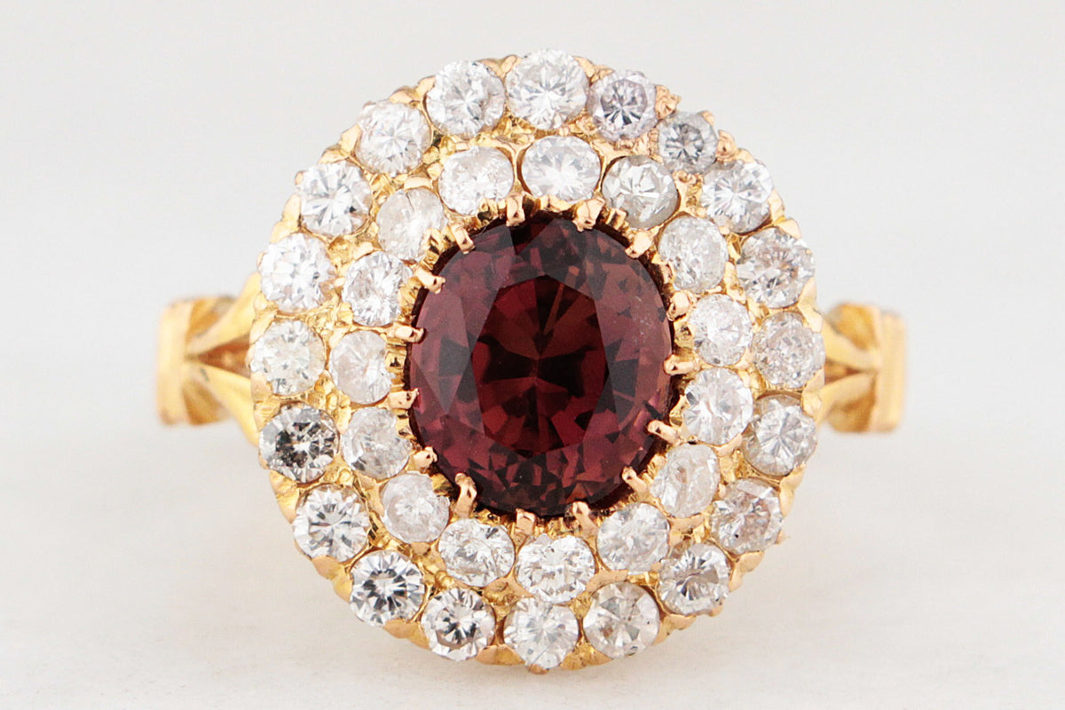 VINTAGE TOURMALINE & DIAMOND DOUBLE HALO RING 18ct GOLD