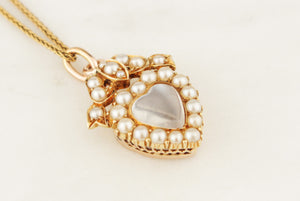 ANTIQUE EDWARDIAN c1900 MOONSTONE HEART & SEED PEARL PENDANT 9ct YELLOW GOLD