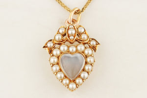ANTIQUE EDWARDIAN c1900 MOONSTONE HEART & SEED PEARL PENDANT 9ct YELLOW GOLD