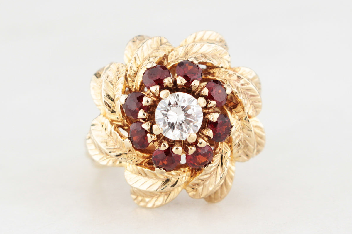 VINTAGE 1940’s DIAMOND &amp; GARNET CLUSTER RING 14ct GOLD