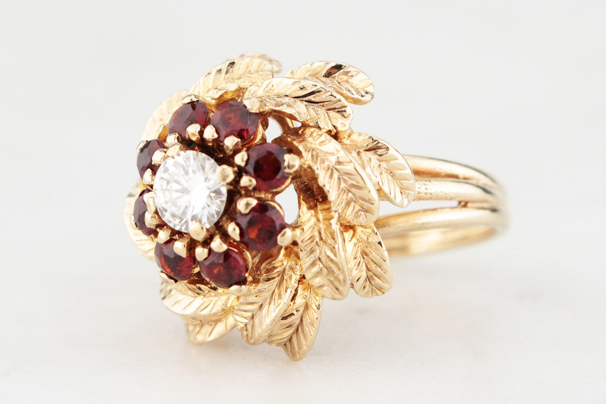 VINTAGE 1940’s DIAMOND &amp; GARNET CLUSTER RING 14ct GOLD