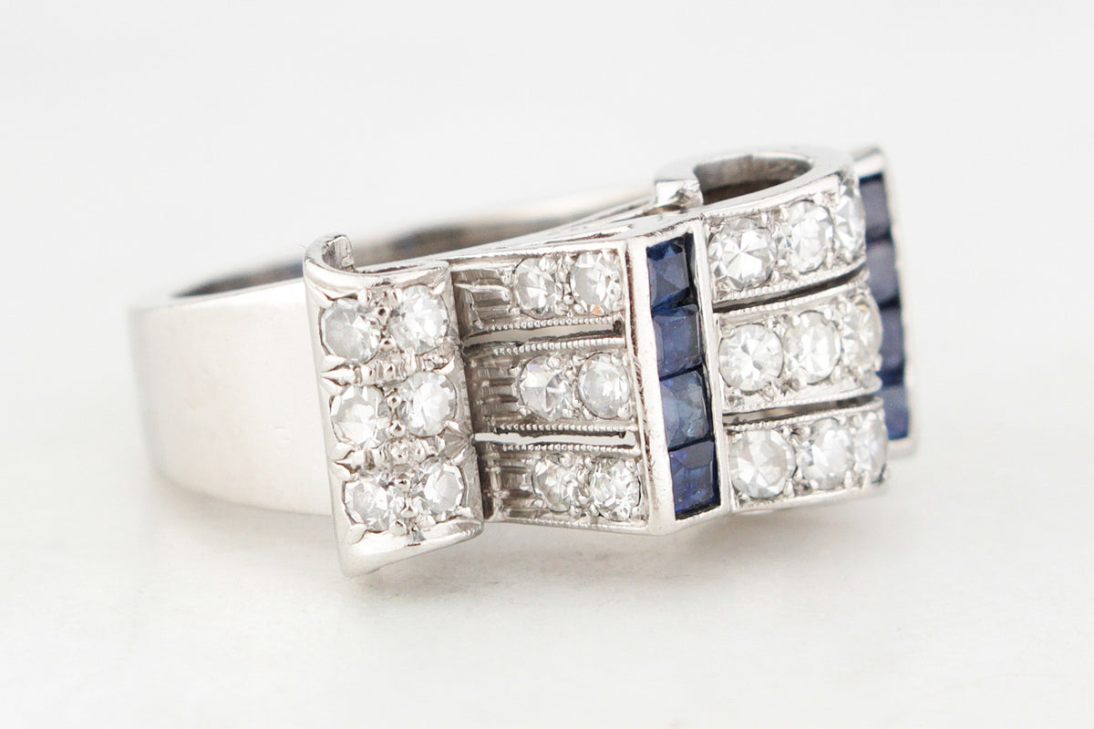 VINTAGE 1940’s SAPPHIRE &amp; DIAMOND TANK RING PLATINUM