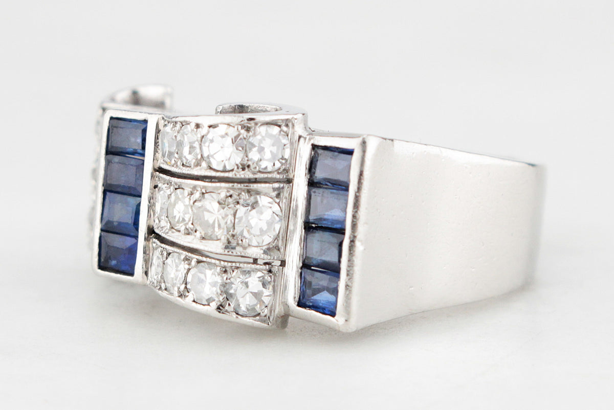 VINTAGE 1940’s SAPPHIRE &amp; DIAMOND TANK RING PLATINUM
