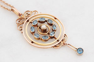 ANTIQUE EDWARDIAN AQUAMARINE & PEARL PENDANT AND CHAIN 9ct GOLD