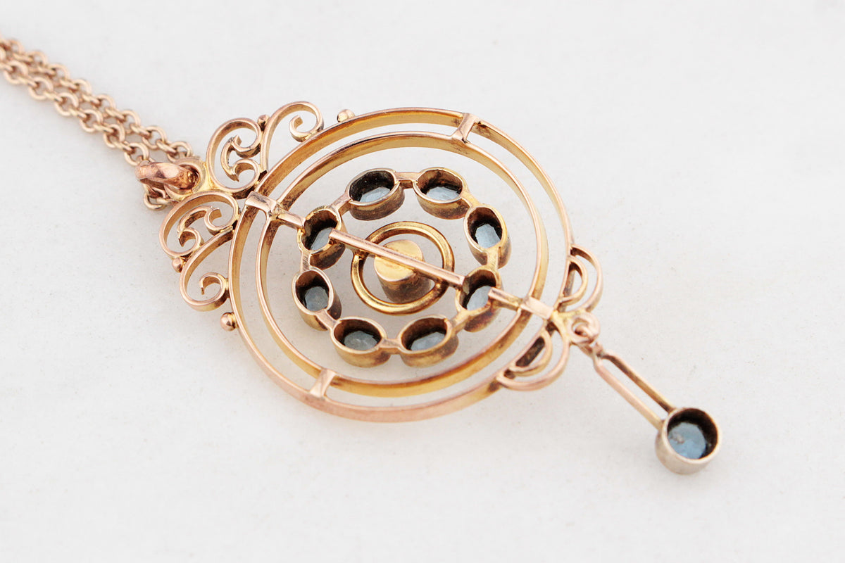 ANTIQUE EDWARDIAN AQUAMARINE & PEARL PENDANT AND CHAIN 9ct GOLD
