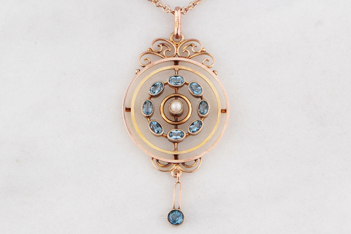 ANTIQUE EDWARDIAN AQUAMARINE & PEARL PENDANT AND CHAIN 9ct GOLD