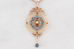 ANTIQUE EDWARDIAN AQUAMARINE & PEARL PENDANT AND CHAIN 9ct GOLD