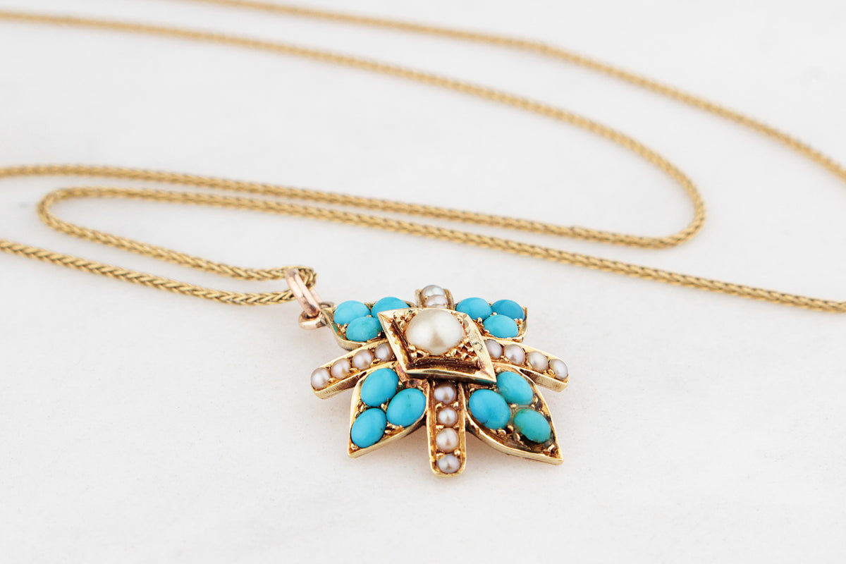 ANTIQUE VICTORIAN TURQUOISE & PEARL PENDANT 15ct GOLD