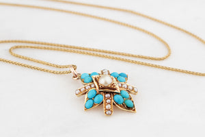 ANTIQUE VICTORIAN TURQUOISE & PEARL PENDANT 15ct GOLD