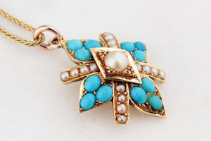 ANTIQUE VICTORIAN TURQUOISE & PEARL PENDANT 15ct GOLD